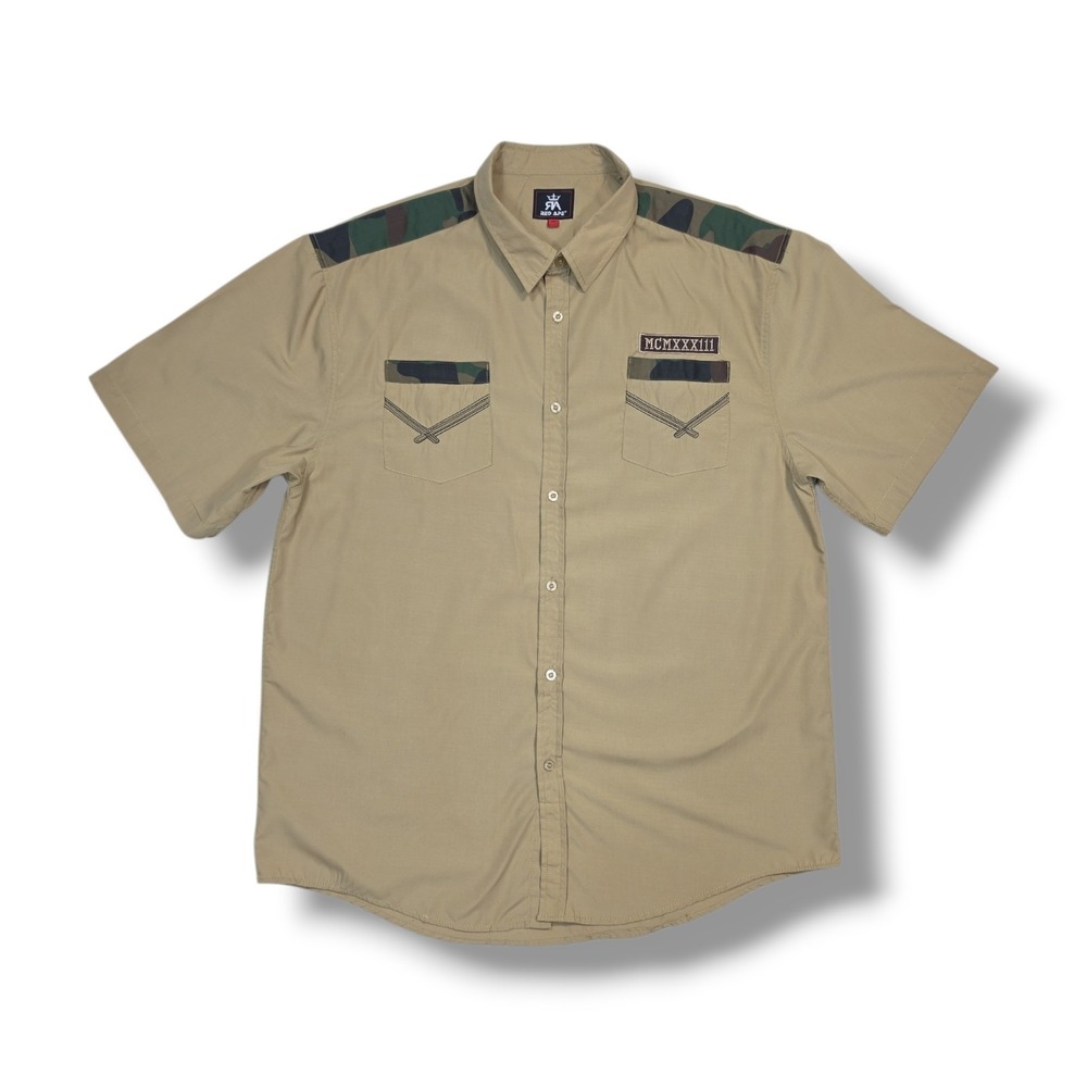 Red Ape Authentic Short Sleeve Button‎ Up Tan W/ Camo Trim Shirt Men's 4x